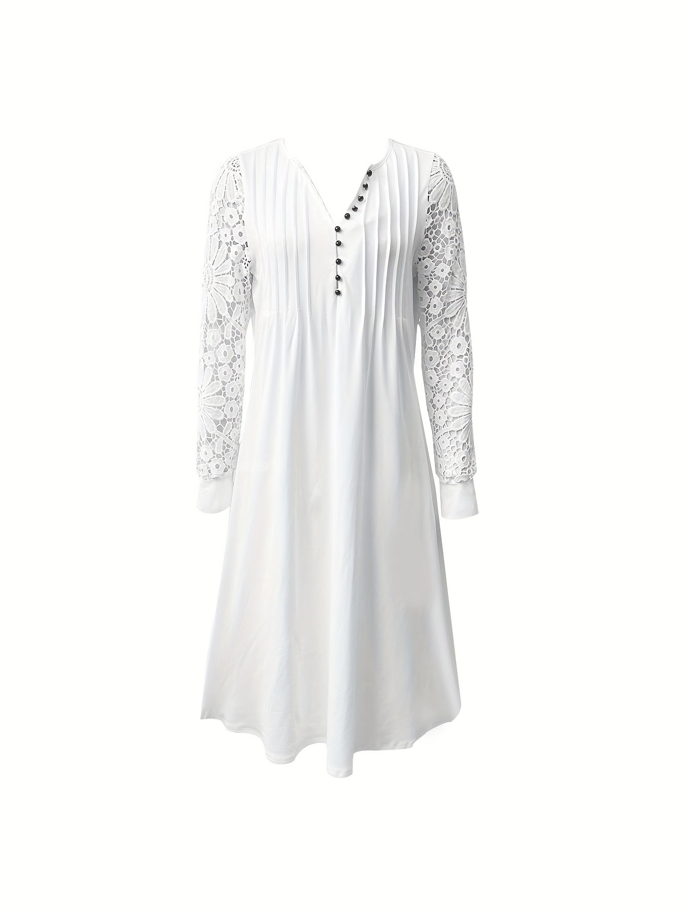 Contrast Lace Tucked Dress Casual Button Front Dress