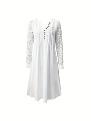 Contrast Lace Tucked Dress Casual Button Front Dress