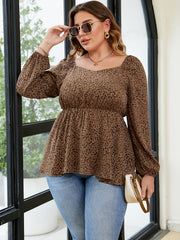 Leopard Print Long Sleeve Peplum Top Women's Plus