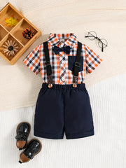 2pcs Baby Boys Plaid Shirt Onesie & Suspender Shorts Gentleman Outfit