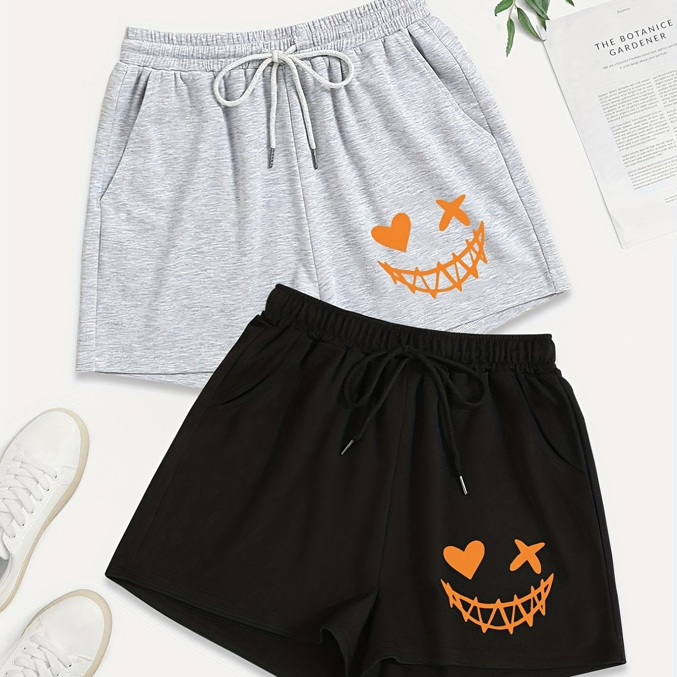 2 Pack Plus Size Sporty Shorts Set Women's Plus Funny Print Elastic Waist