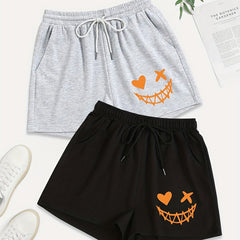 2 Pack Plus Size Sporty Shorts Set Women's Plus Funny Print Elastic Waist