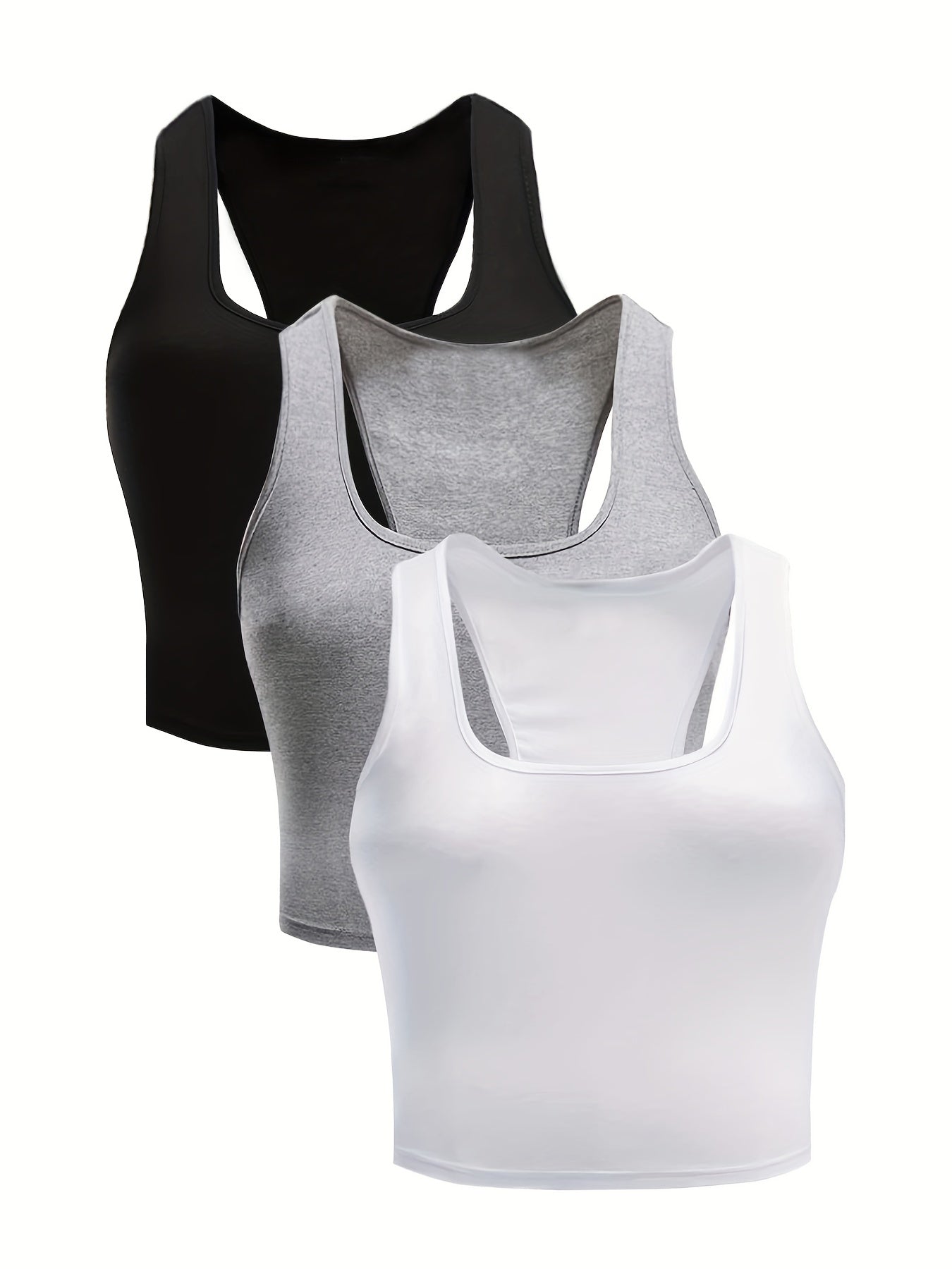 3 Pack Plus Size Tank Top Set Women's Plus Plain Round Neck Medium Stretch Tank