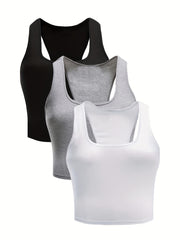 3 Pack Plus Size Tank Top Set Women's Plus Plain Round Neck Medium Stretch Tank