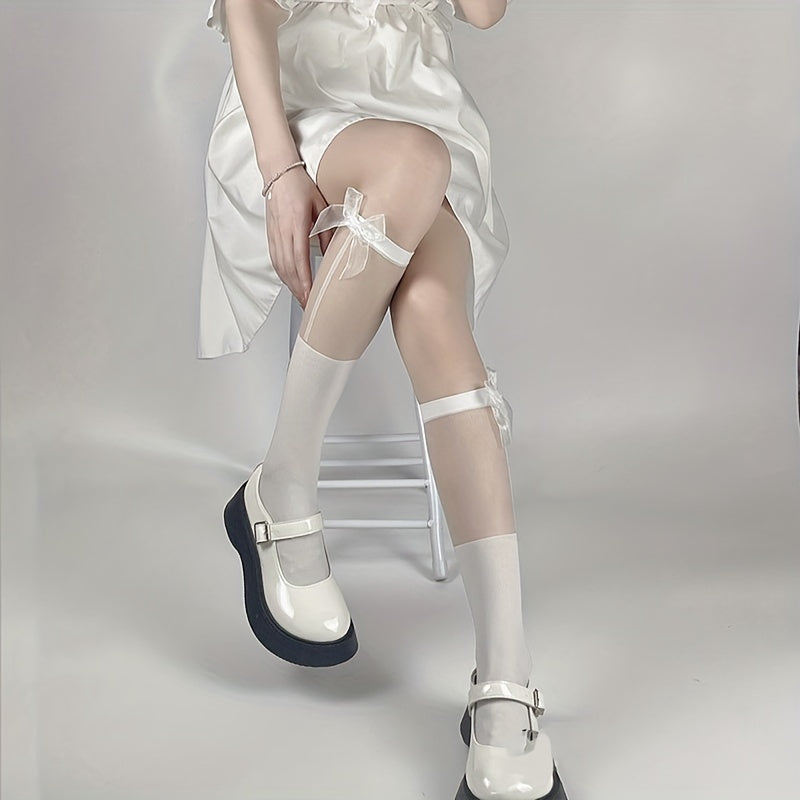 Mesh Stitching Calf Socks Ultra thin Bow Knee High Socks Women's Stockings
