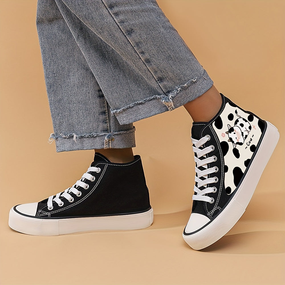 Cow Print High Top Chunky Canvas Sneakers