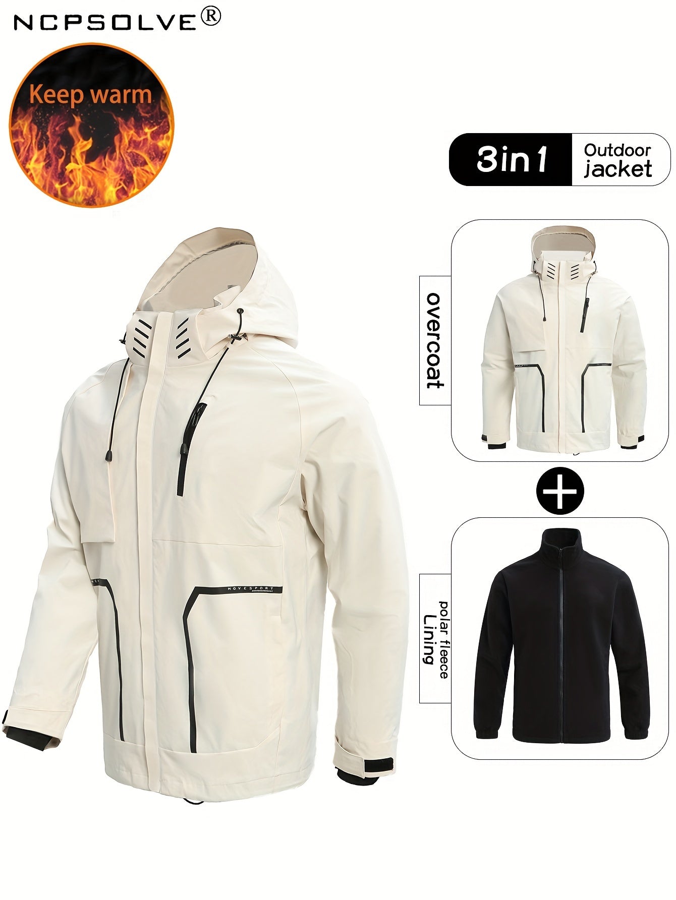 Men's Casual 3-In-1 Outdoor Jacket Hooded Windbreaker for Fall Winter