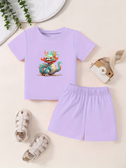 Toddler Cartoon Pattern 2pcs Set Short Sleeve T shirt & Matching Shorts