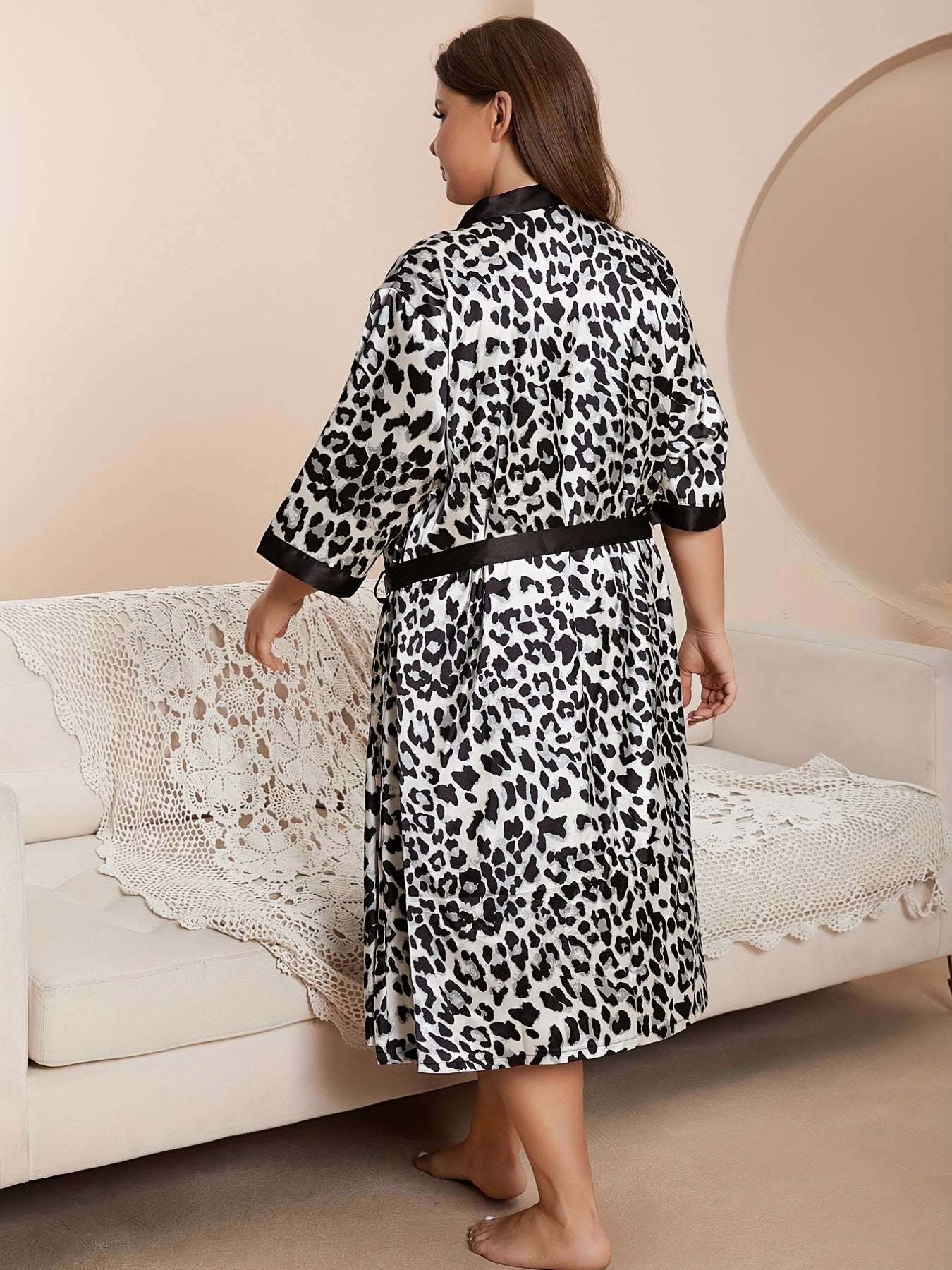 2 Pcs Satin Leopard Print Sleep Dress & Robes Set Women's Plus Pajama Set