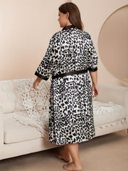 2 Pcs Satin Leopard Print Sleep Dress & Robes Set Women's Plus Pajama Set