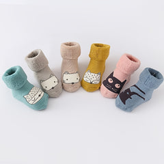 3 Pairs Baby Cartoon Kitty Print Floor Socks Winter Warm Slip-On Thick Socks