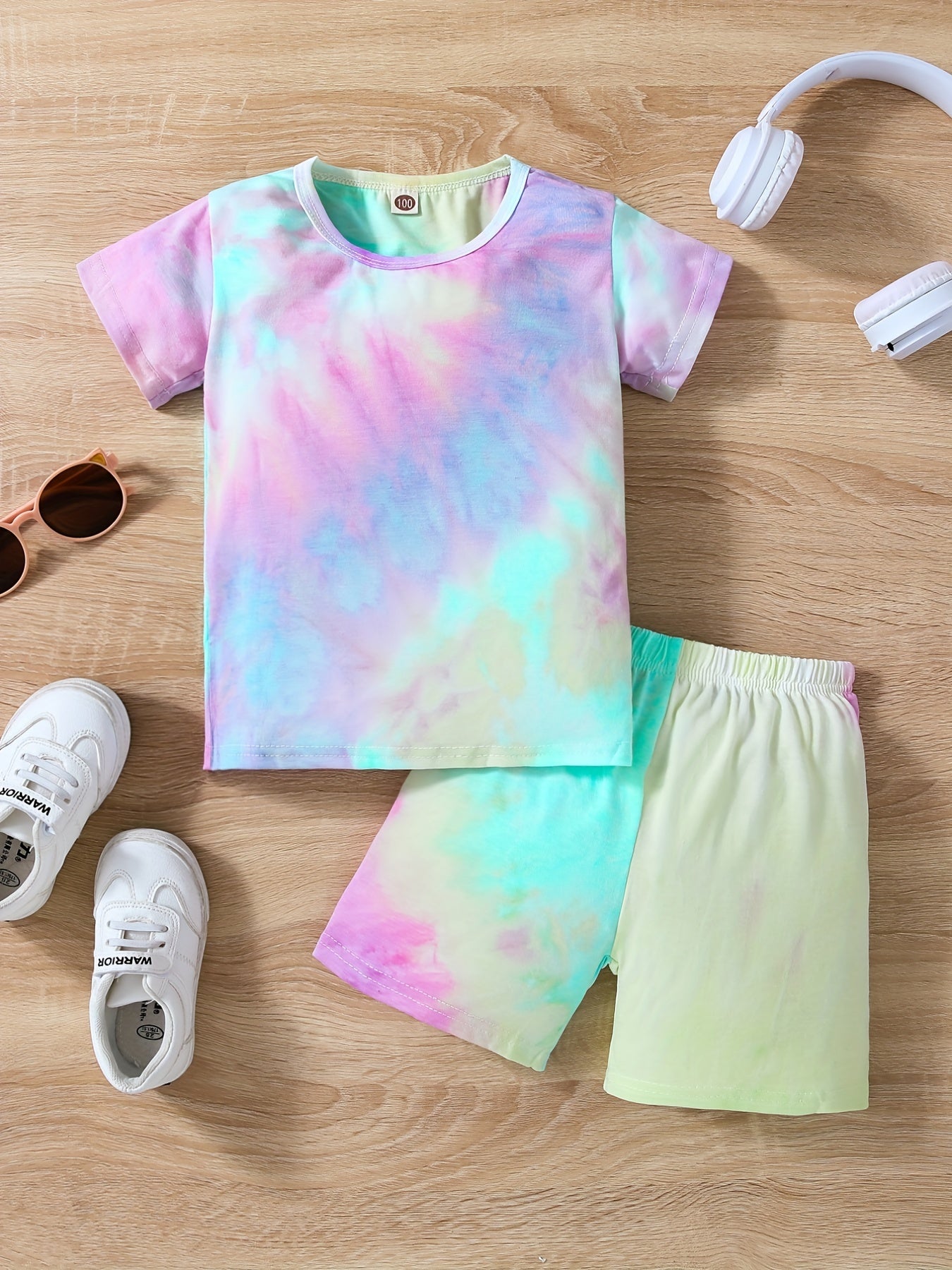 2pcs Girls Tie Dye T Shirts & Shorts Set Kids Summer Clothes
