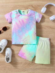 2pcs Girls Tie Dye T Shirts & Shorts Set Kids Summer Clothes