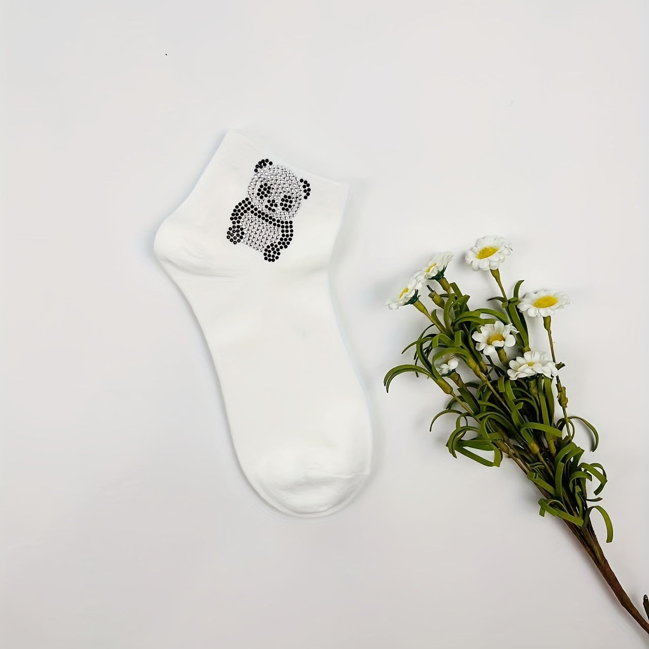 Panda Rhinestone Decor Socks Crew Short Women's Stockings