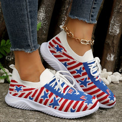 Women's Patriotic Walking Shoes Flying Woven Lace Up Flat Shoes