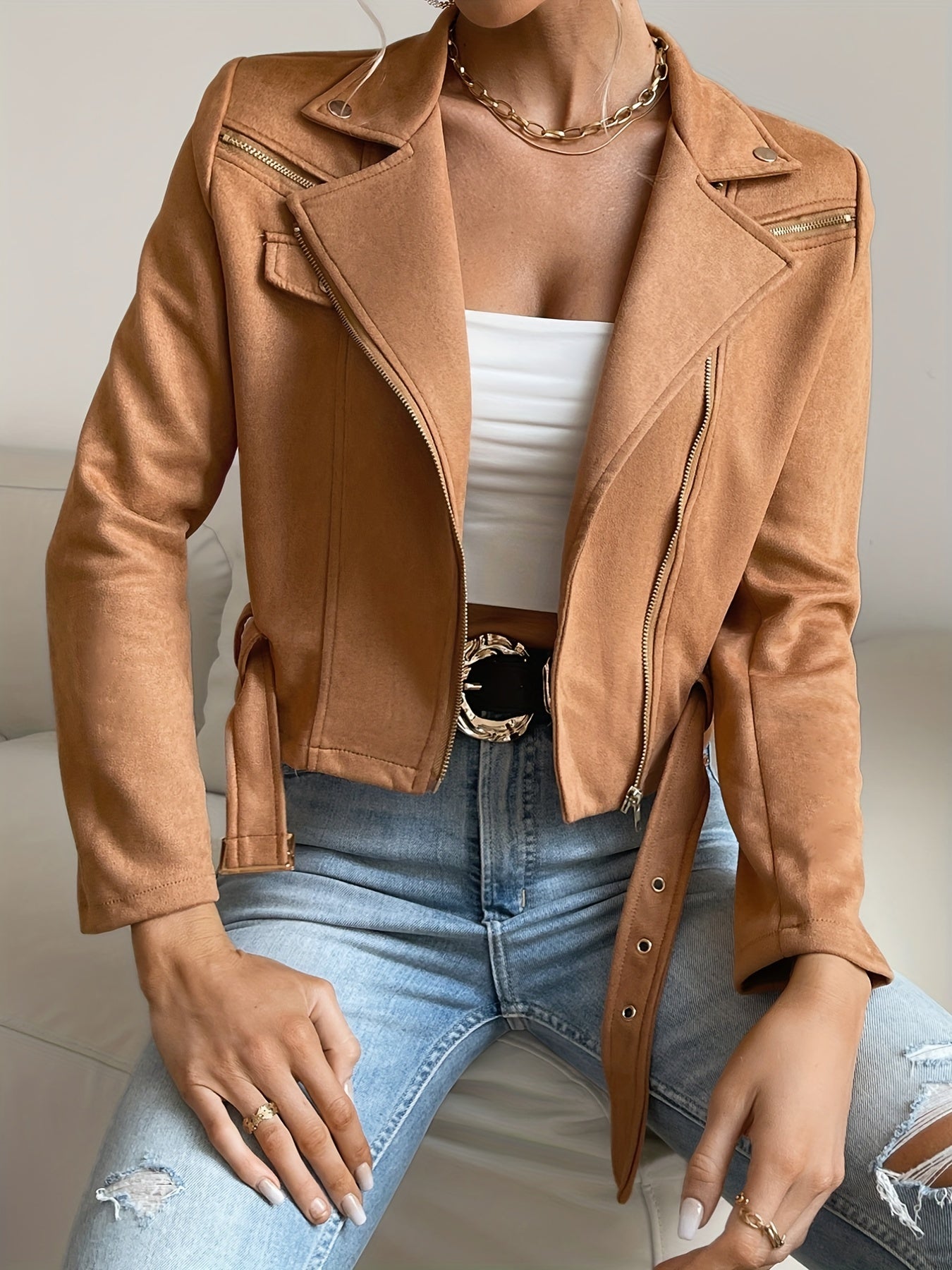 Solid Zip Up Biker Jacket Casual Lapel Long Sleeve Crop Jacket