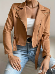 Solid Zip Up Biker Jacket Casual Lapel Long Sleeve Crop Jacket