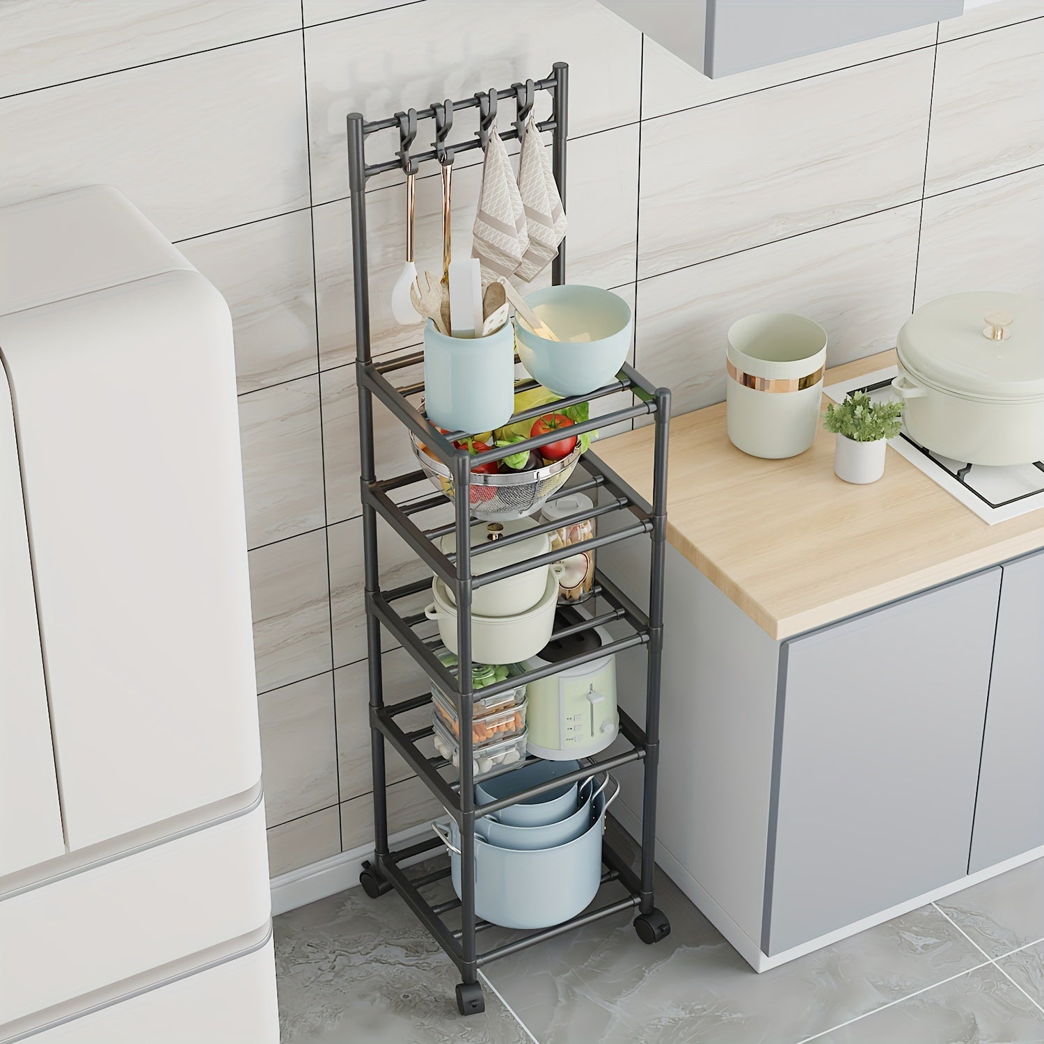 5-Layer Kitchen Storage Rack with Pulleys & Hooks