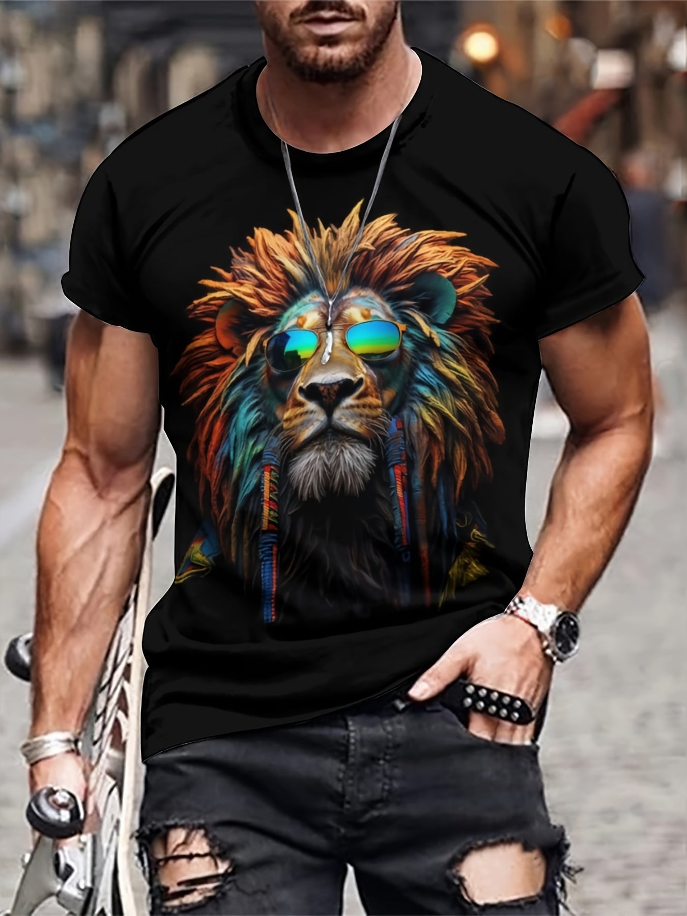 Men's 3D Lion T-shirt Stretchy Breathable Tee