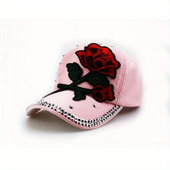 Red Rose Patch Baseball Cap Rhinestone Decor Y2K Sports Hat