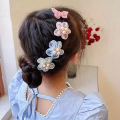 4pcs Girls Faux Pearl & Flower Hair Clip Set