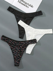 3 Pack Plus Size Sexy Panties Set Women's Plus Solid & Letter Print Thongs