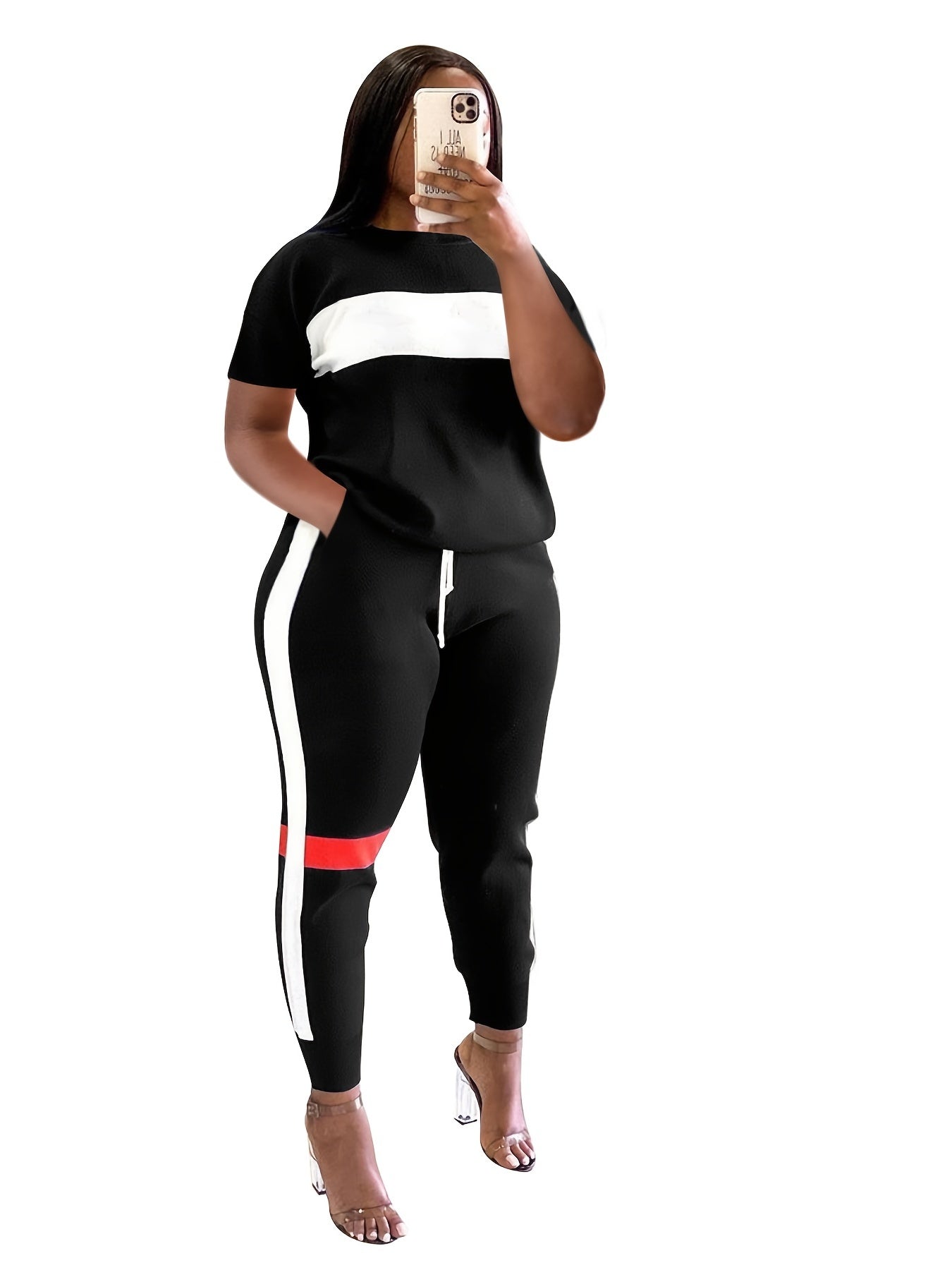 Colorblock Short Sleeve Top & Drawstring Sweatpants Set