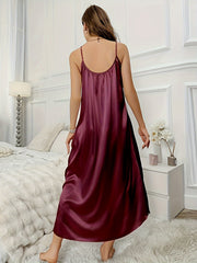 Comfy V Neck Satin Nightdress Spaghetti Strap Sleep Dress