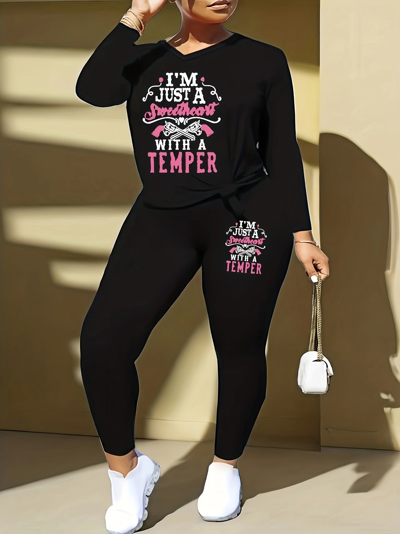 Slogan Print Long Sleeve Top & Leggings Set