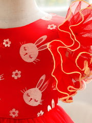 Ruffled Rabbit Embroidered Princess Dress for Party