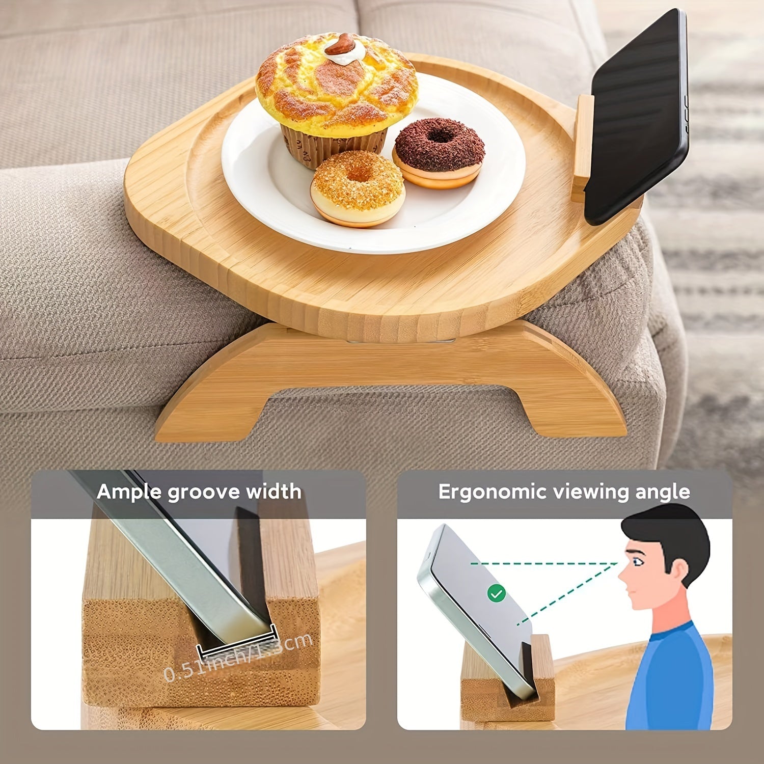Non Slip Wooden Sofa Tray with Rotating Phone Holder - Armrest Table