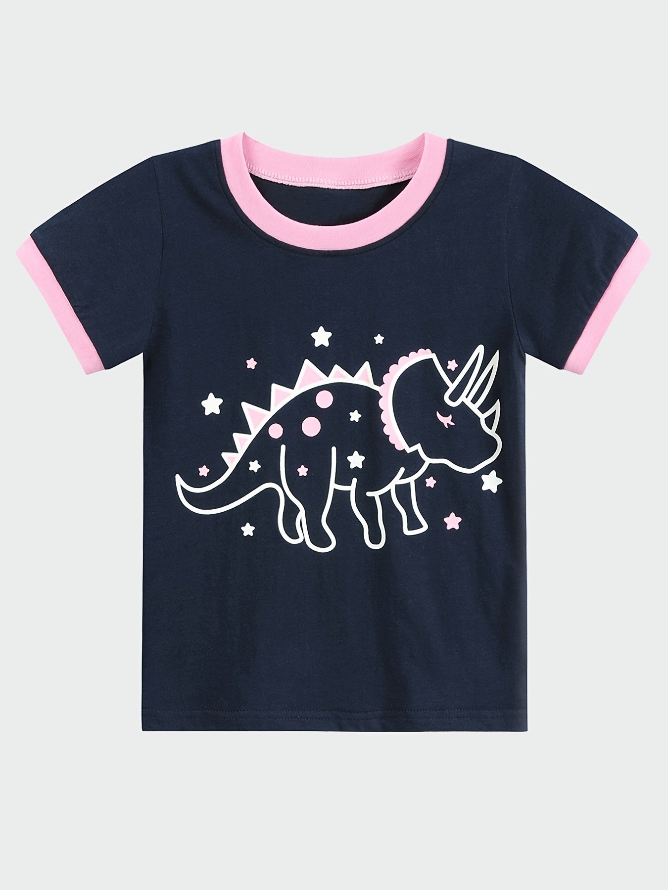Girls Dinosaur Pajama Set Short Sleeve Tee & Shorts Sleepwear Loungewear