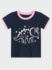 Girls Dinosaur Pajama Set Short Sleeve Tee & Shorts Sleepwear Loungewear
