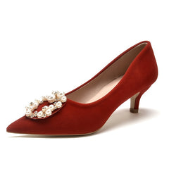 Red Faux Pearl Low Heels Pointed Toe Slip On Kitten Heels