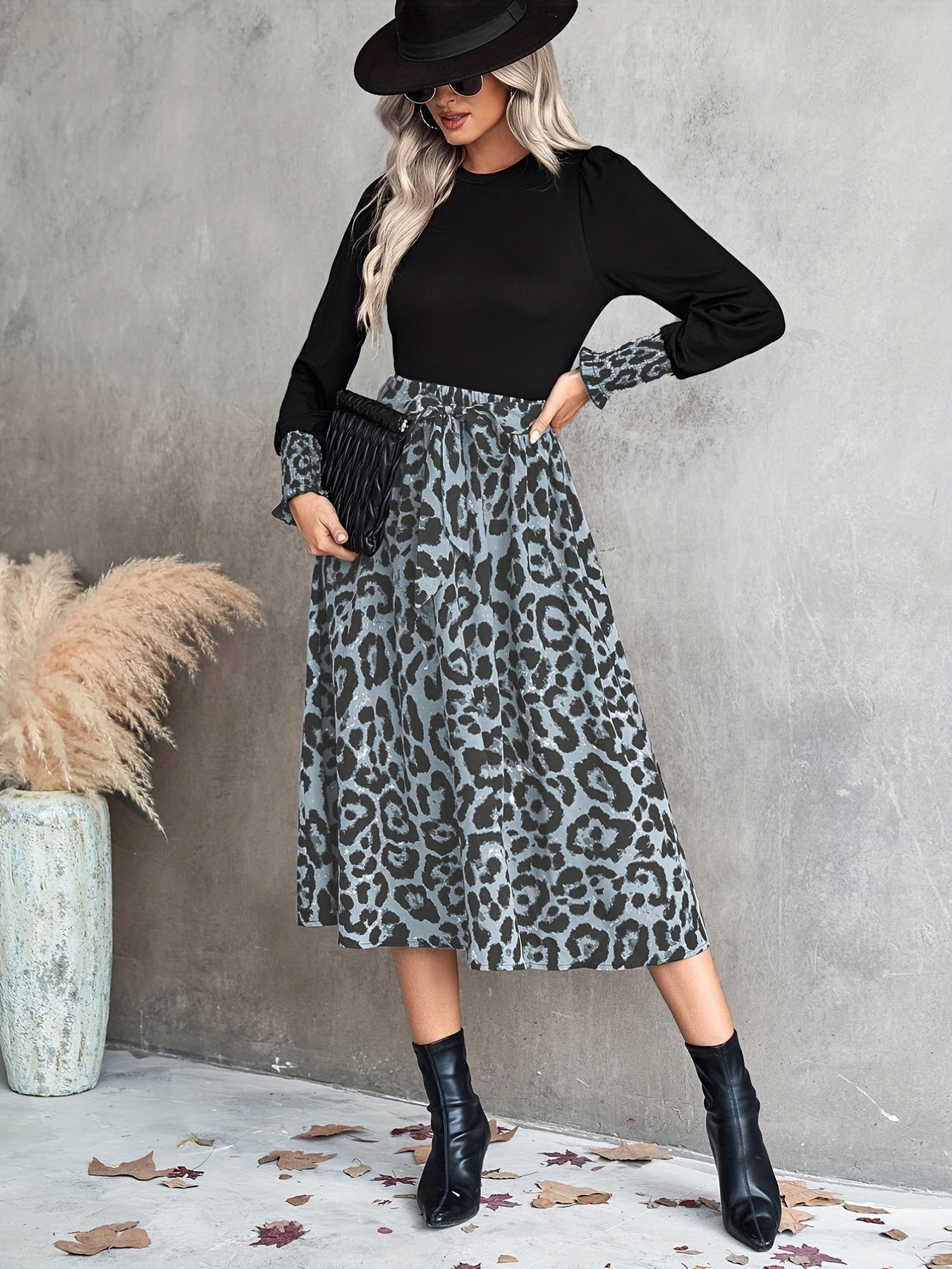 Leopard Print Set Crew Neck Lantern Long Sleeve T shirt & Belted Midi