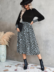 Leopard Print Set Crew Neck Lantern Long Sleeve T shirt & Belted Midi