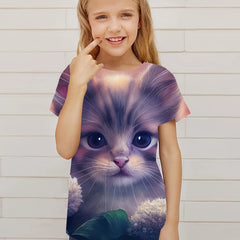 Funny 3D Cat Graphic Short Sleeve T-shirt for Girls