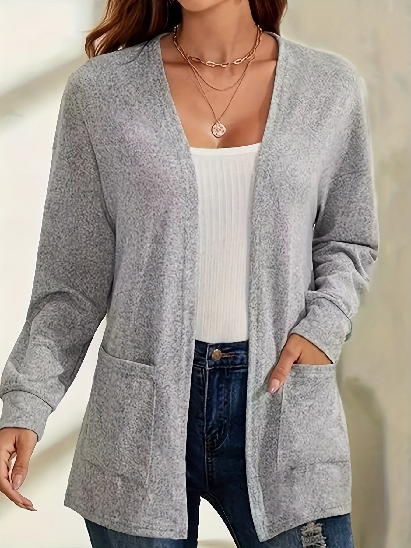 Solid Open Front Cardigan with Pockets for Women