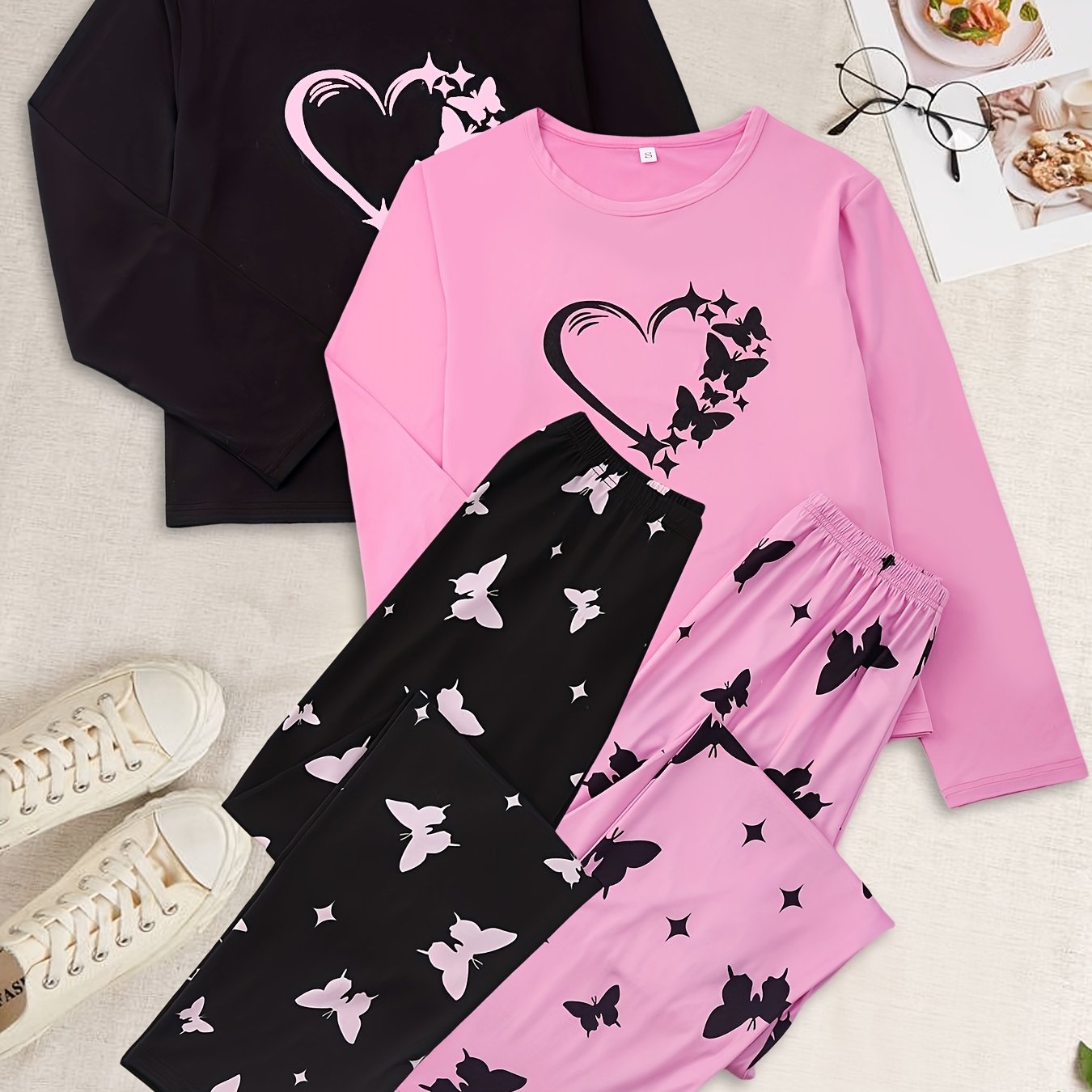 Heart & Butterfly Print Pajama Set Crew Neck Top & Elastic Waistband Pants