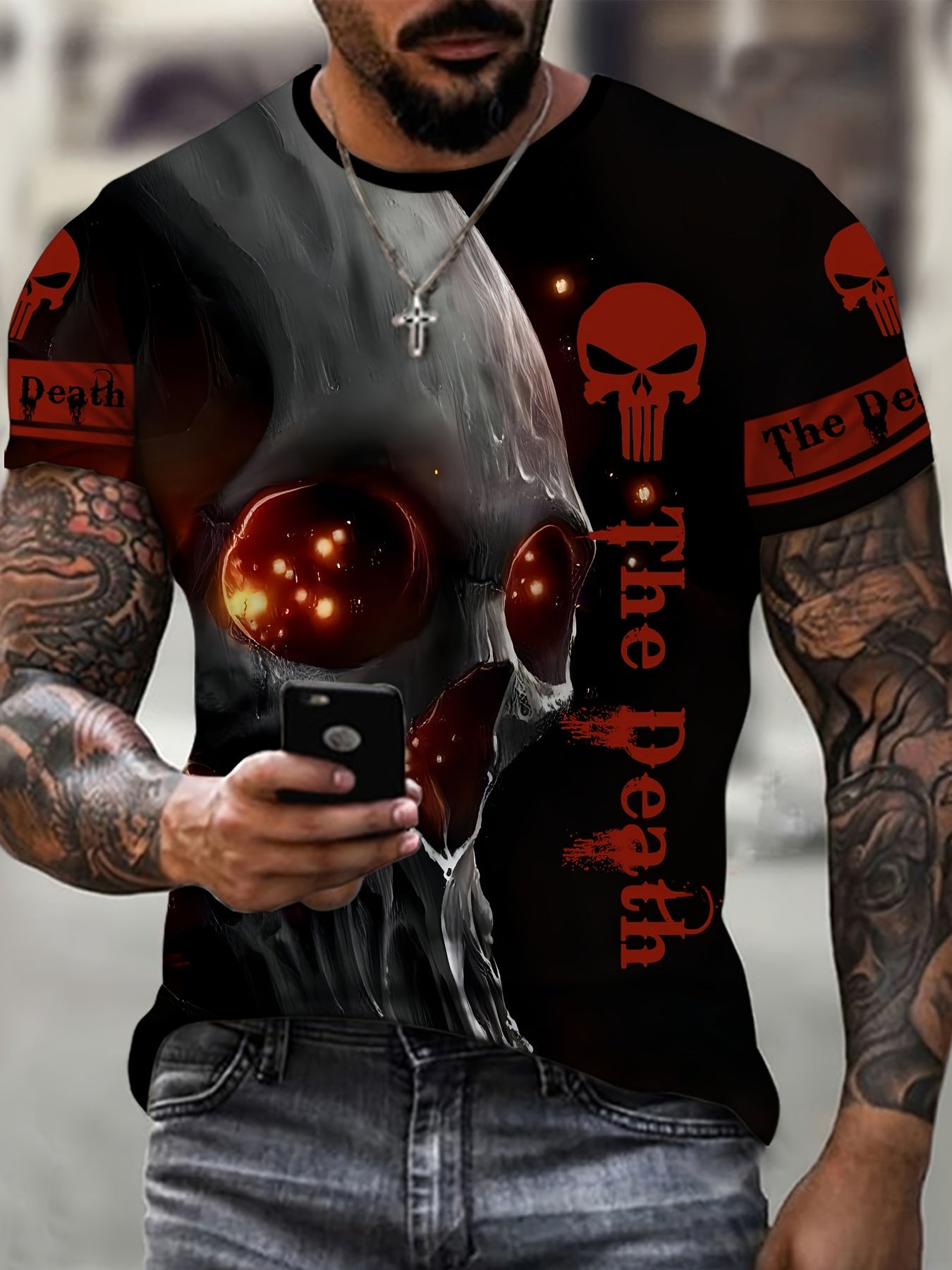 Skull Head 3D Print Men's Halloween Graphic Round Neck T Shirt