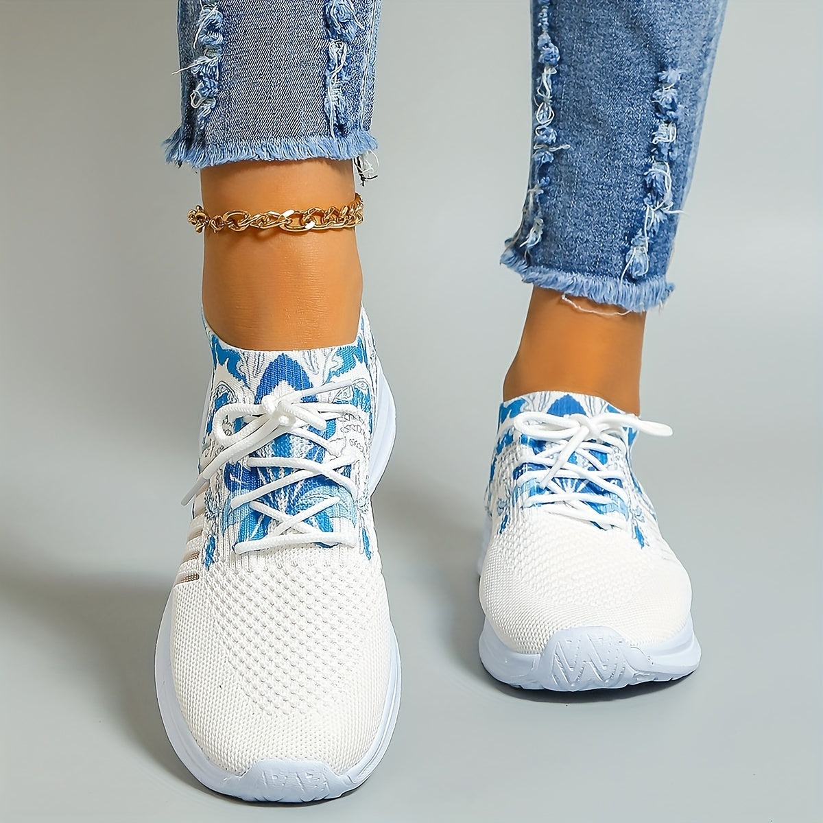 Women's Floral Print Knit Sports Shoes Lace Up Running Sneakers