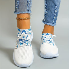 Women's Floral Print Knit Sports Shoes Lace Up Running Sneakers