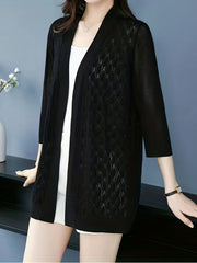 Plus Size Casual Cardigan Women's Plus Solid Hollow Out Half Sleeve Open Front