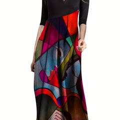 Abstract Print V Neck Dress Casual Long Sleeve Dress For Spring & Fall