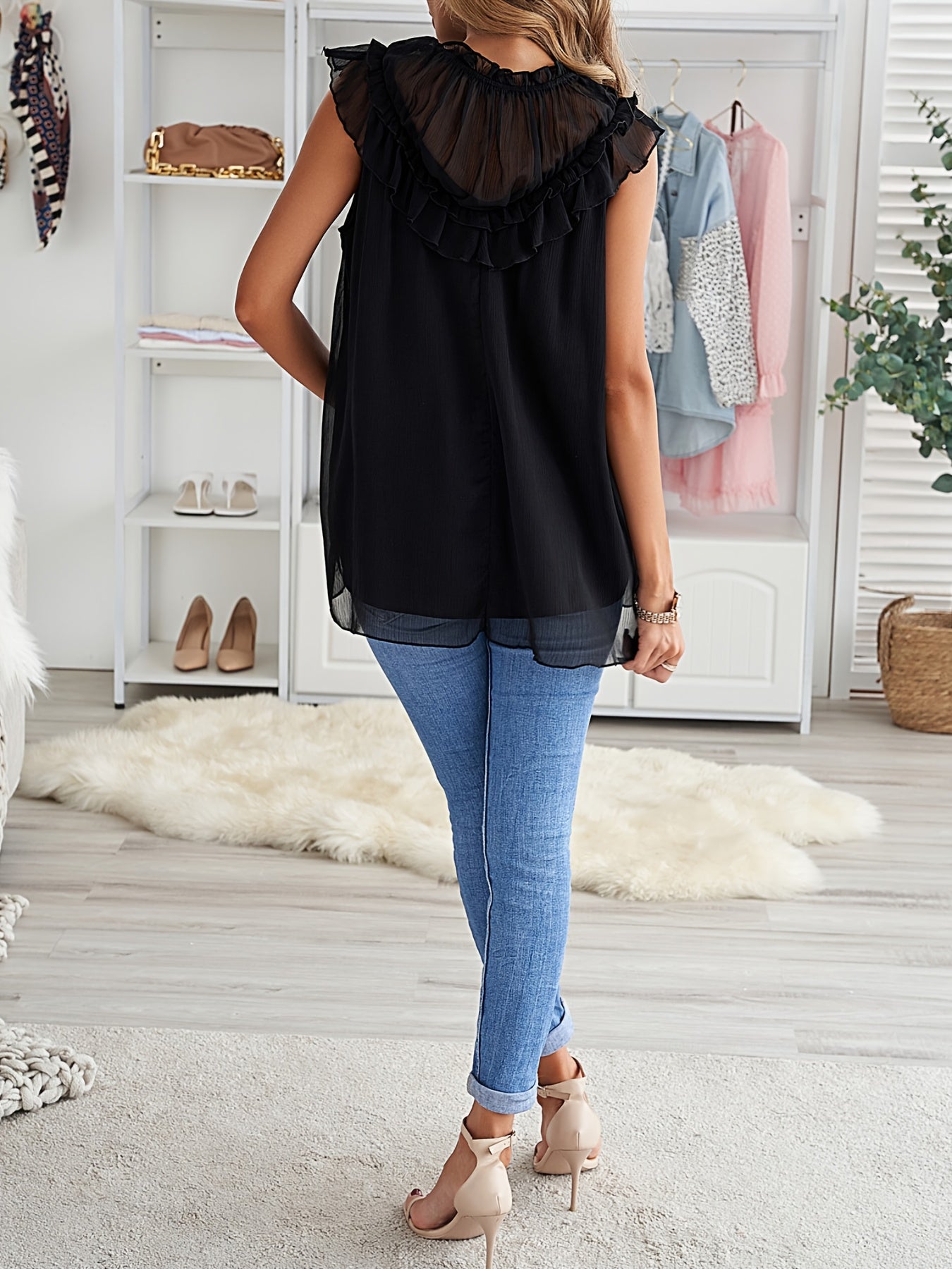 Ruffle Trim Solid Top Sleeveless Casual Summer Women's Clothing