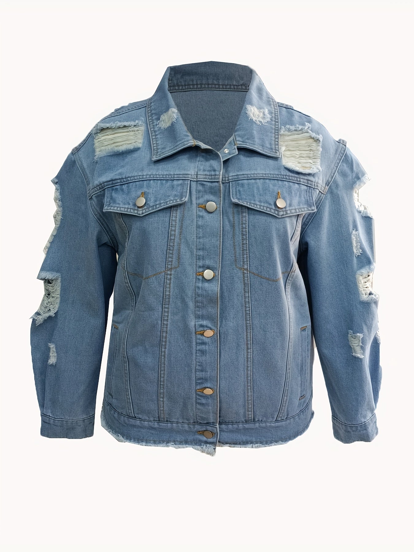 Women's Plus Ripped Denim Jacket - Long Sleeves Lapel Collar