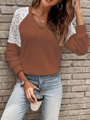 Casual Knit Top Women's Plus Solid Contrast Lace Long Sleeve V Neck