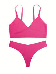 Solid Bra & Panties Set Breathable Push Up Bra & Thong Panties Lingerie