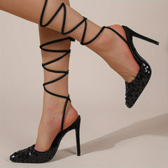 Sequins Stiletto Heels Lace Up Slingback Pumps