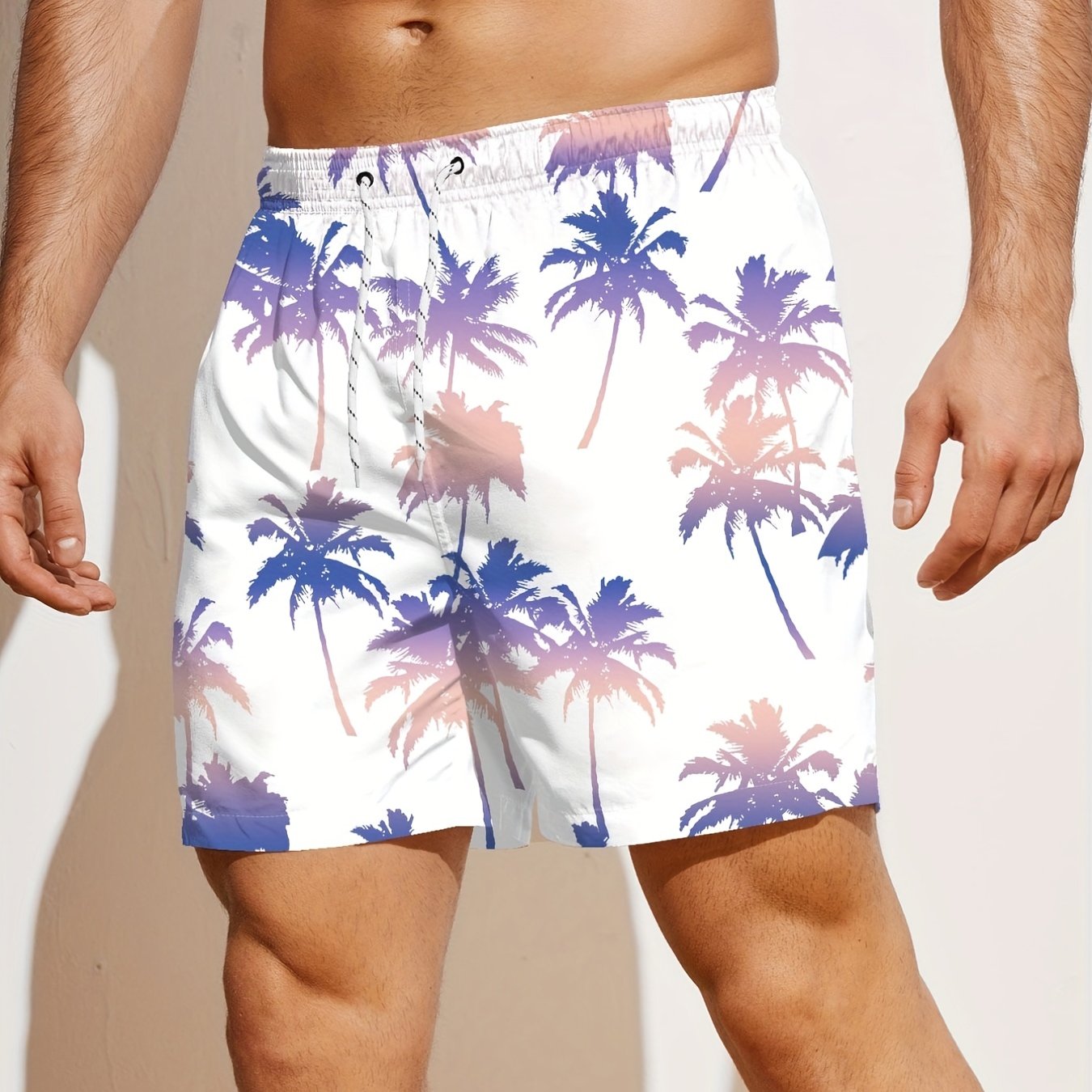 Palm Tree Print Men's Beach Shorts Drawstring Casual Loose Shorts